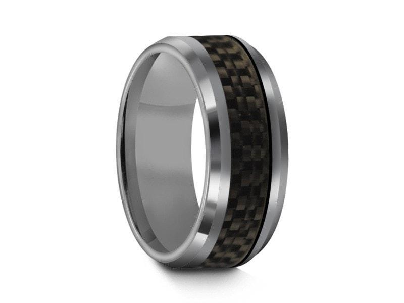 Tungsten Wedding Band With  Carbon Fiber Inlay - High Polish - Engagement Ring - Two Tone - Beveled Shaped - Comfort Fit  8mm - Vantani Wedding Bands