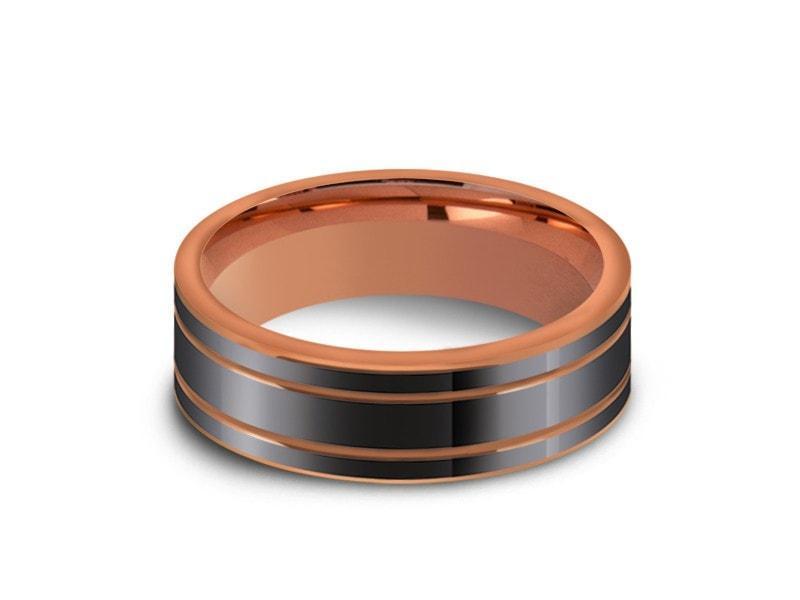 High Polish Rose Gold Tungsten Wedding Band - Rose Gold Plated Inlay - Engagement Ring - Two Tone - Flat Shaped - Comfort Fit  6mm - Vantani Wedding Bands