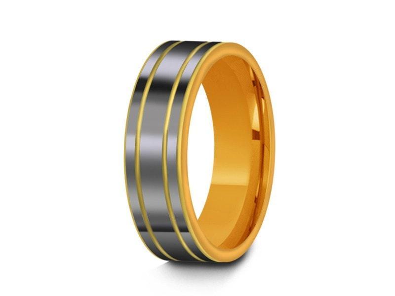 High Polish Yellow Tungsten Wedding Band -  Yellow Gold Plated Inlay - Engagement Ring - Two Tone - Flat Shaped - Comfort Fit  6mm - Vantani Wedding Bands