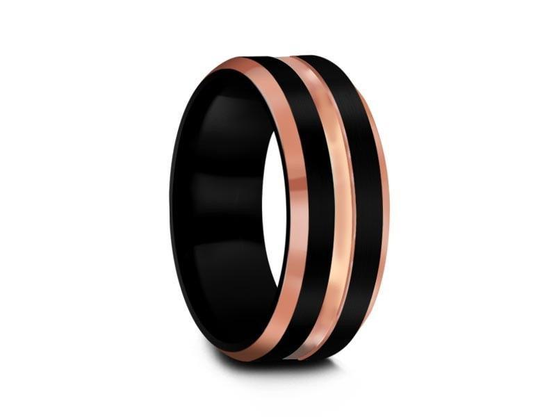 Black Tungsten Wedding Band - Brushed and Polished Ring - Rose Gold Inlay - Two Tone - Engagement Band - Beveled Shaped - Comfort Fit  8mm - Vantani Wedding Bands