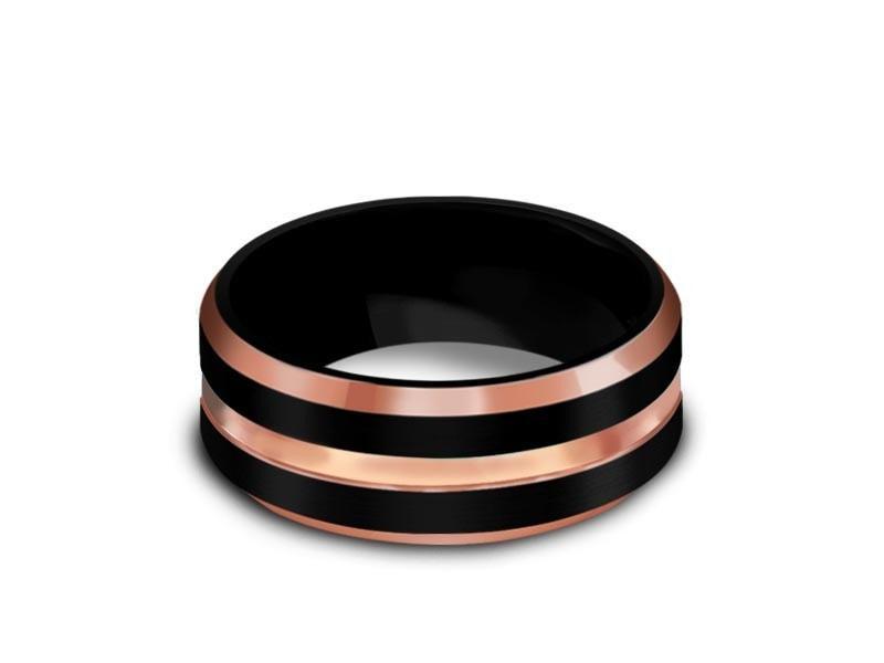 Black Tungsten Wedding Band - Brushed and Polished Ring - Rose Gold Inlay - Two Tone - Engagement Band - Beveled Shaped - Comfort Fit  8mm - Vantani Wedding Bands