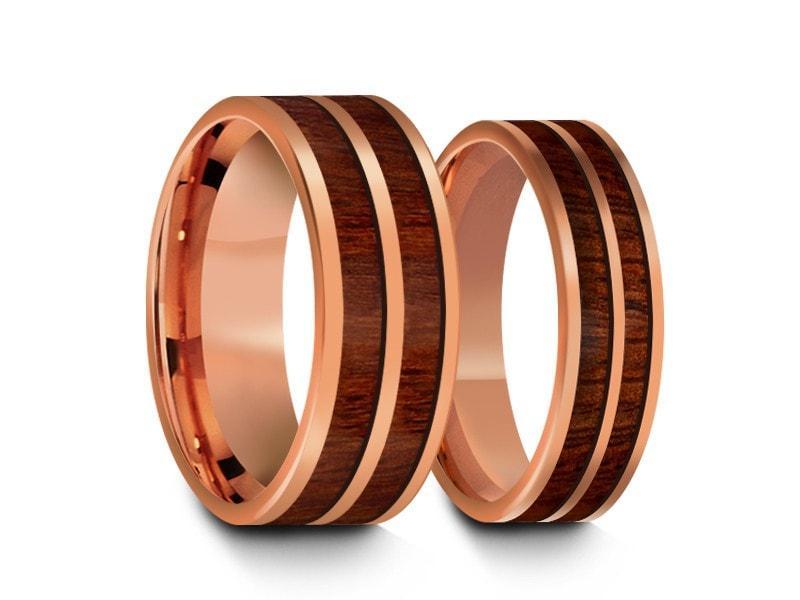 Tungsten Matching Wedding Band Set - Hawaiian Koa Wood Matching Bands - His/Hers - Engagement Ring Set - Two Tone Bands - Flat Shaped - Comfort Fit  6mm/8mm - Vantani Wedding Bands