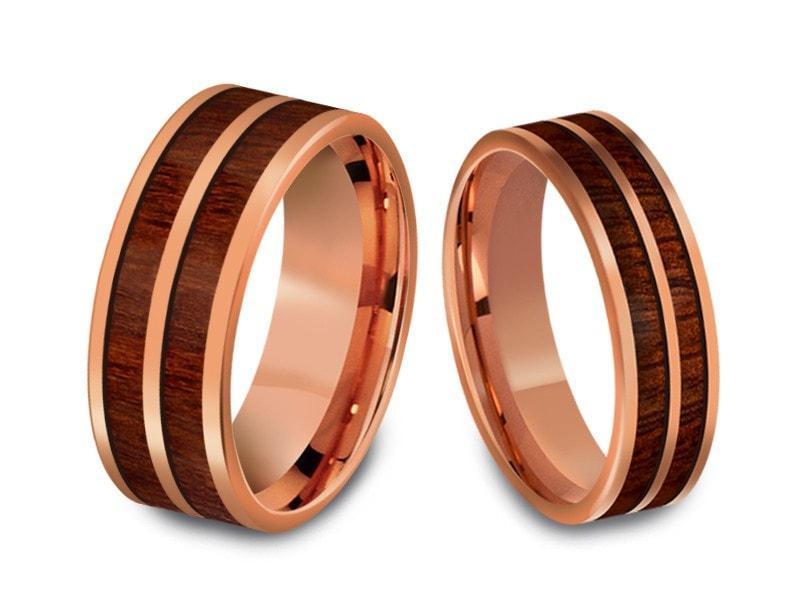 Tungsten Matching Wedding Band Set - Hawaiian Koa Wood Matching Bands - His/Hers - Engagement Ring Set - Two Tone Bands - Flat Shaped - Comfort Fit  6mm/8mm - Vantani Wedding Bands