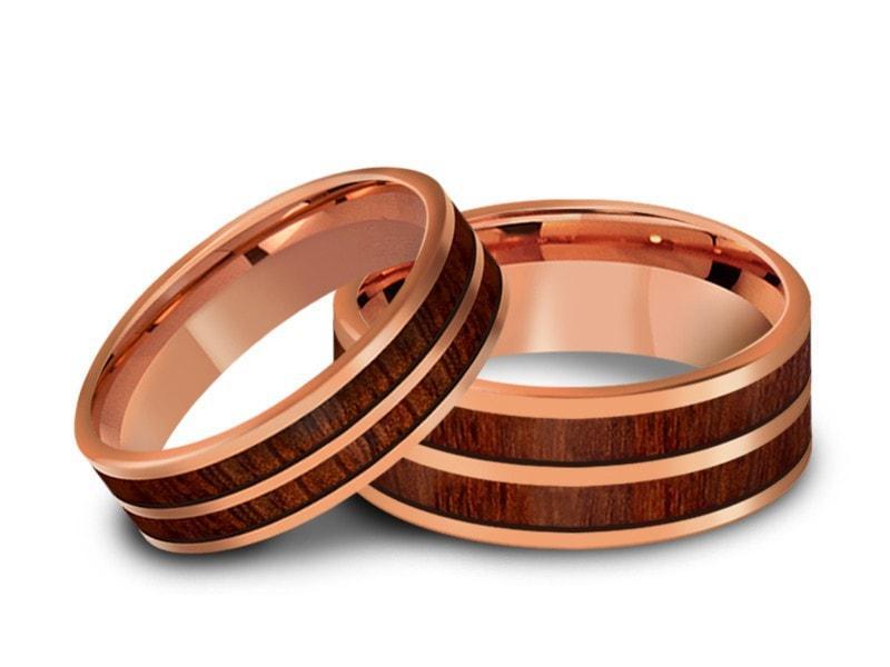 Tungsten Matching Wedding Band Set - Hawaiian Koa Wood Matching Bands - His/Hers - Engagement Ring Set - Two Tone Bands - Flat Shaped - Comfort Fit  6mm/8mm - Vantani Wedding Bands