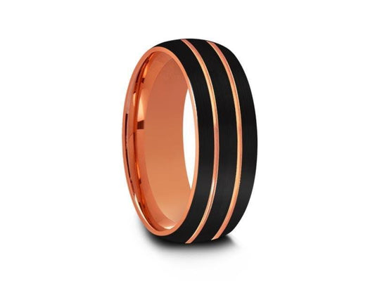 Rose Gold Tungsten Wedding Band - Black Brushed Ring - Engagement Band - Two Tone - Dome Shaped - Comfort Fit  8mm - Vantani Wedding Bands