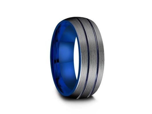 Blue Gunmetal Tungsten Wedding Band - Two Tone - Brushed Polished - Engagement Band - Dome Shaped- Comfort Fit  8mm - Vantani Wedding Bands