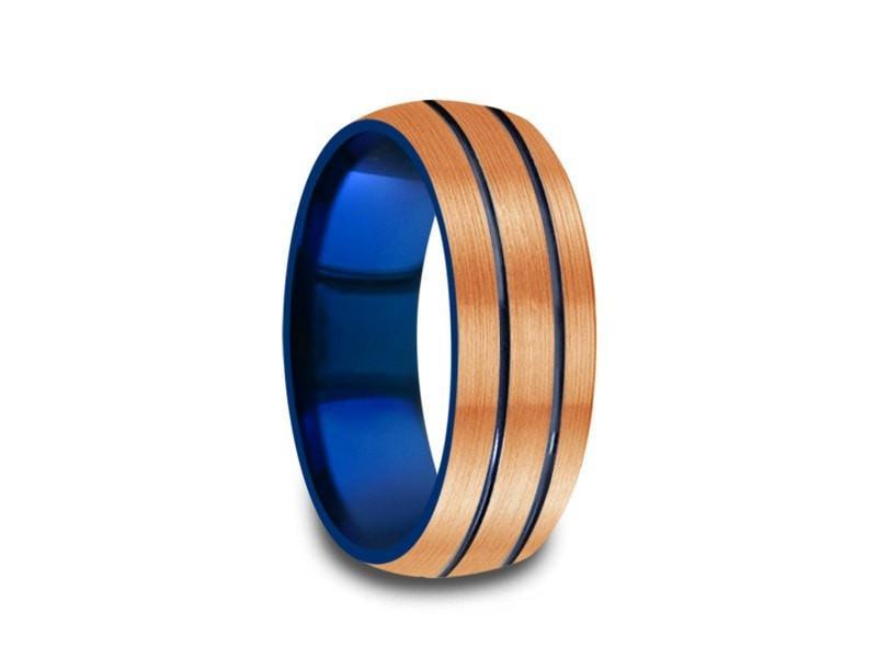 Rose Gold & Blue Tungsten Wedding Band - Brushed Polished - Engagement Ring - Two Tone - Dome Shaped - Comfort Fit   8mm - Vantani Wedding Bands