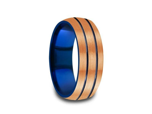 Rose Gold & Blue Tungsten Wedding Band - Brushed Polished - Engagement Ring - Two Tone - Dome Shaped - Comfort Fit   8mm - Vantani Wedding Bands