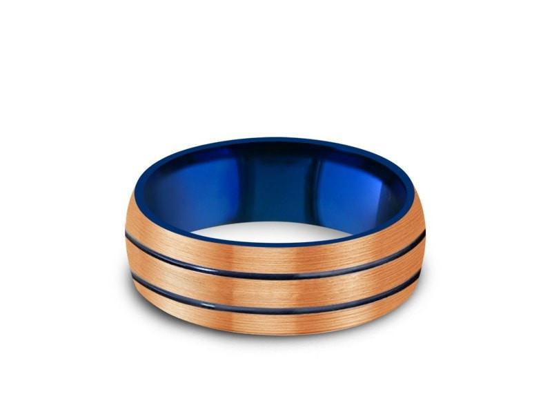 Rose Gold & Blue Tungsten Wedding Band - Brushed Polished - Engagement Ring - Two Tone - Dome Shaped - Comfort Fit   8mm - Vantani Wedding Bands