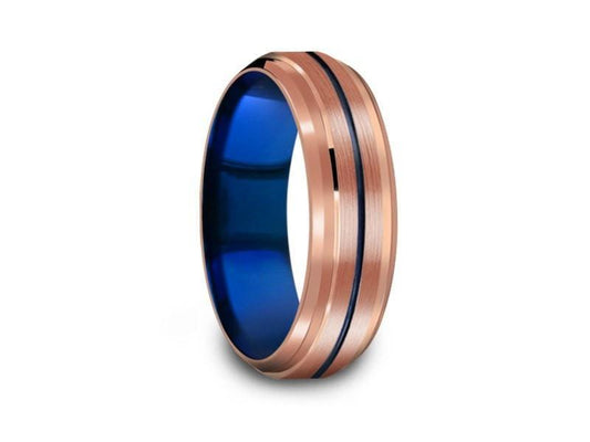 Rose Gold & Blue Tungsten Wedding Band - Brushed and Polish - Engagemnet Ring - Two tone - Ridged Edges - Comfort Fit  6mm - Vantani Wedding Bands