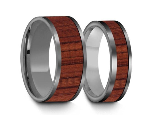 Tungsten Matching Wedding Band Set - Hawaiian Koa Wood Matching Bands - His/Hers - Engagement Ring Set - Two Tone Bands - Flat Shaped - Comfort Fit  6mm/8mm - Vantani Wedding Bands