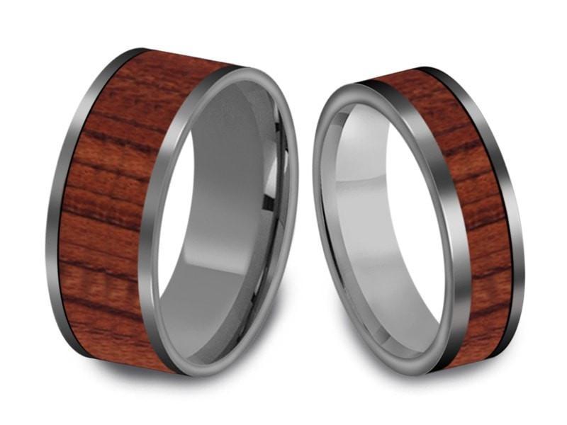 Tungsten Matching Wedding Band Set - Hawaiian Koa Wood Matching Bands - His/Hers - Engagement Ring Set - Two Tone Bands - Flat Shaped - Comfort Fit  6mm/8mm - Vantani Wedding Bands