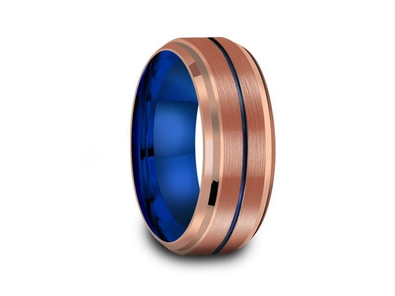 Rose Gold & Blue Tungsten Wedding Band - Brushed and Polish - Engagement Ring- Two Tone - Ridged Edges - Comfort Fit  8mm - Vantani Wedding Bands