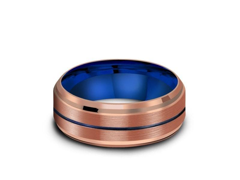 Rose Gold & Blue Tungsten Wedding Band - Brushed and Polish - Engagement Ring- Two Tone - Ridged Edges - Comfort Fit  8mm - Vantani Wedding Bands