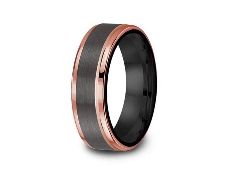 Brushed & Rose Gold Tungsten Wedding Band - Engagement Ring - Two Tone - Ridged Edges - Comfort Fit  6mm - Vantani Wedding Bands