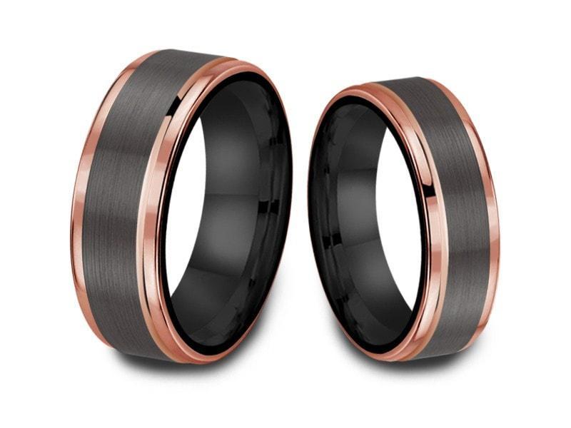 Tungsten Matching Wedding Band Set - Matching Bands - His/Hers - Engagement Ring Set - Two Tone Bands - Ridged Edges - Comfort Fit  6mm/8mm - Vantani Wedding Bands