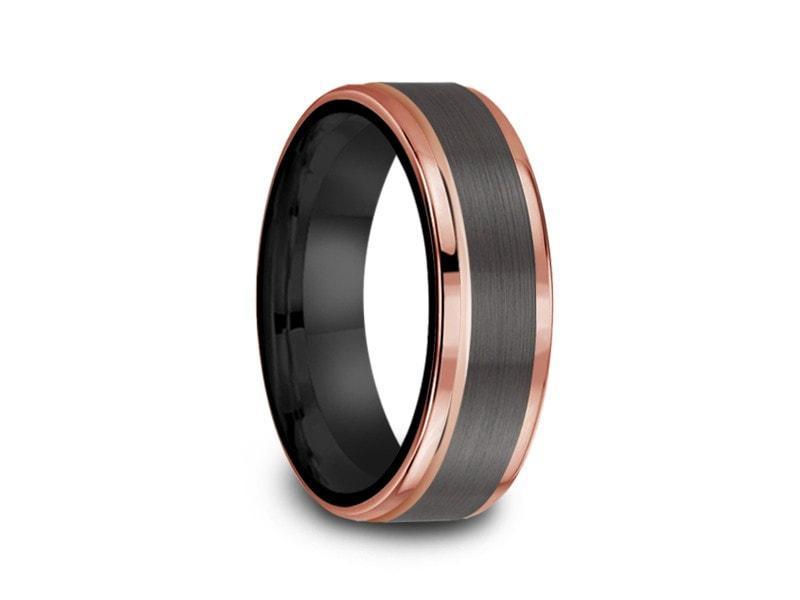 Brushed & Rose Gold Tungsten Wedding Band - Engagement Ring - Two Tone - Ridged Edges - Comfort Fit  6mm - Vantani Wedding Bands