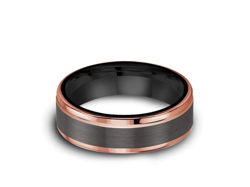 Brushed & Rose Gold Tungsten Wedding Band - Engagement Ring - Two Tone - Ridged Edges - Comfort Fit  6mm - Vantani Wedding Bands