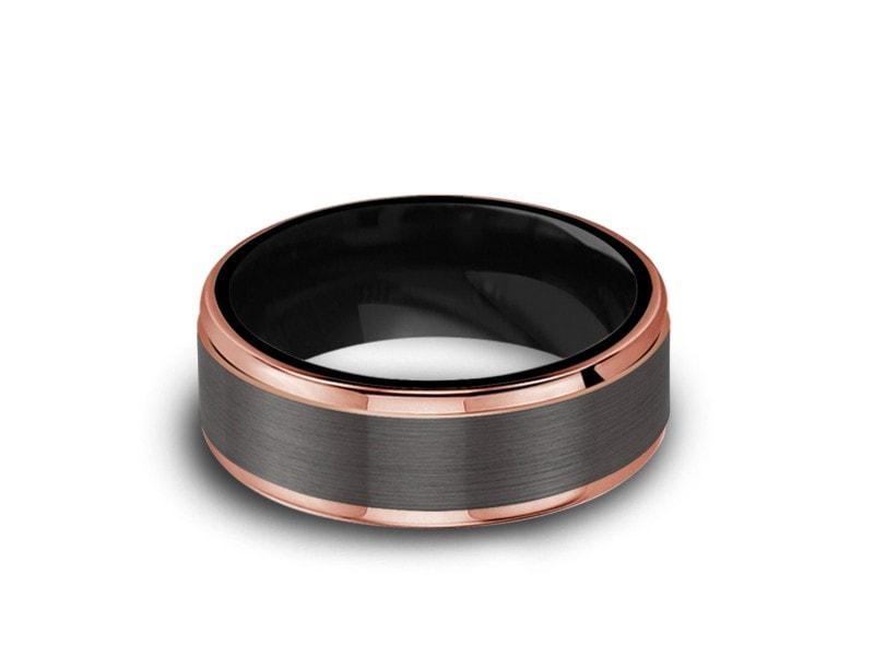 Brushed & Rose Gold Tungsten Wedding Band - Engagement Ring - Two Tone - Ridged Edges - Comfort Fit  8mm - Vantani Wedding Bands