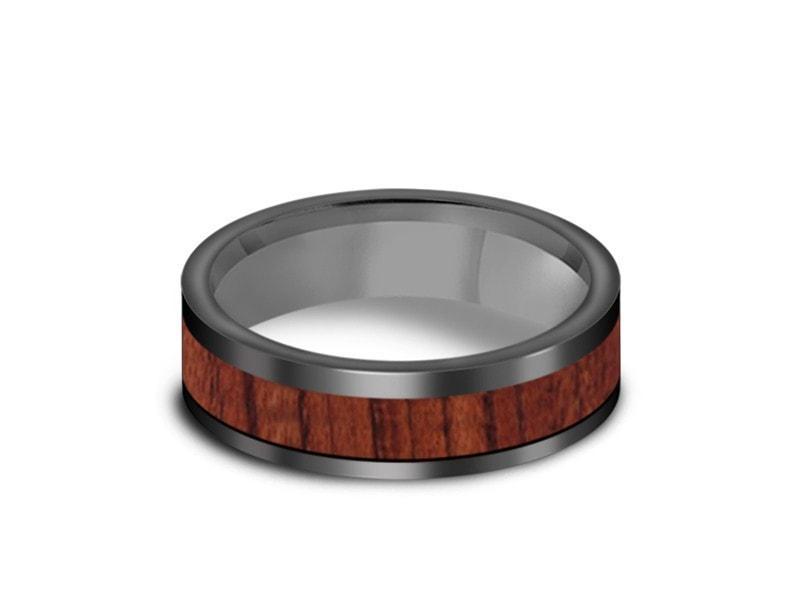 HAWAIIAN Koa Wood Inlay Tungsten Carbide Ring - Koa Wood Wedding Band - Engagement Ring - Flat Shaped - Comfort Fit  6mm - Vantani Wedding Bands