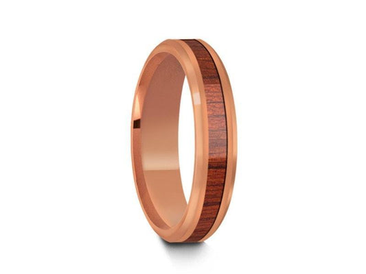 HAWAIIAN Koa Wood Inlay Tungsten Carbide Rose Gold Ring - Koa Wood Wedding Band - Engagement Ring - Beveled Shaped - Comfort Fit  4mm - Vantani Wedding Bands