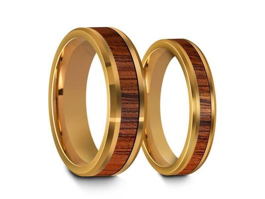 Tungsten Matching Wedding Band Set - Hawaiian Koa Wood Matching Bands - His/Hers - Engagement Ring Set - Two Tone Bands Beveled Shaped - Comfort Fit 4mm/6mm - Vantani Wedding Bands