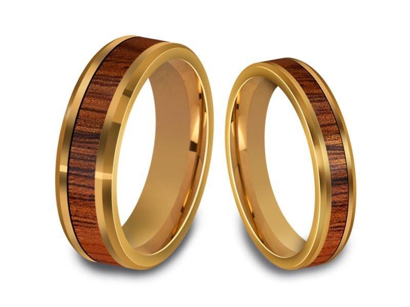 Tungsten Matching Wedding Band Set - Hawaiian Koa Wood Matching Bands - His/Hers - Engagement Ring Set - Two Tone Bands Beveled Shaped - Comfort Fit 4mm/6mm - Vantani Wedding Bands