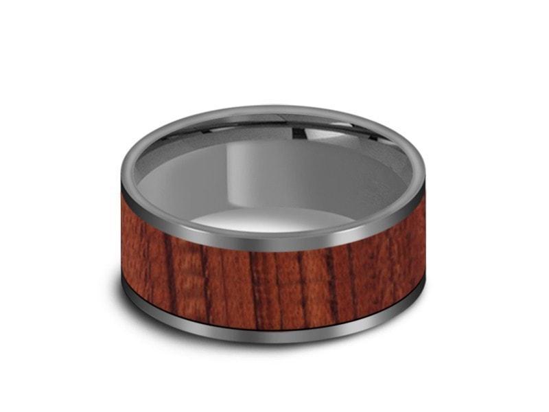 HAWAIIAN Koa Wood Inlay Tungsten Carbide Ring - Koa Wood Wedding Band - Engagement Ring - Flat Shaped - Comfort Fit   8mm - Vantani Wedding Bands