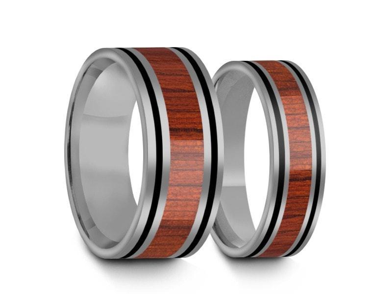 Tungsten Matching Wedding Band Set - Hawaiian Koa Wood Matching Bands - His/Hers - Engagement Ring Set - Three Tone Bands - Flat Shaped - Comfort Fit  6mm/8mm - Vantani Wedding Bands