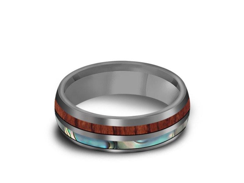 HAWAIIAN Koa Wood & Abalone Inlay Tungsten Ring - Koa Wood Wedding Band - Shell Inlay Ring - Engagement Band - Dome Shaped - Comfort Fit  6mm - Vantani Wedding Bands