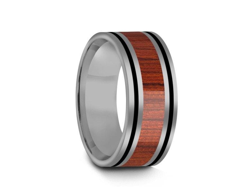 HAWAIIAN Koa Wood Inlay Tungsten Carbide Ring - Koa Wood Wedding Band - Engagement Ring - Flat Shaped - Comfort Fit  8mm - Vantani Wedding Bands