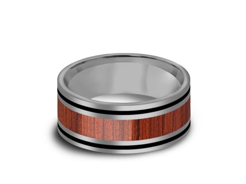 HAWAIIAN Koa Wood Inlay Tungsten Carbide Ring - Koa Wood Wedding Band - Engagement Ring - Flat Shaped - Comfort Fit  8mm - Vantani Wedding Bands