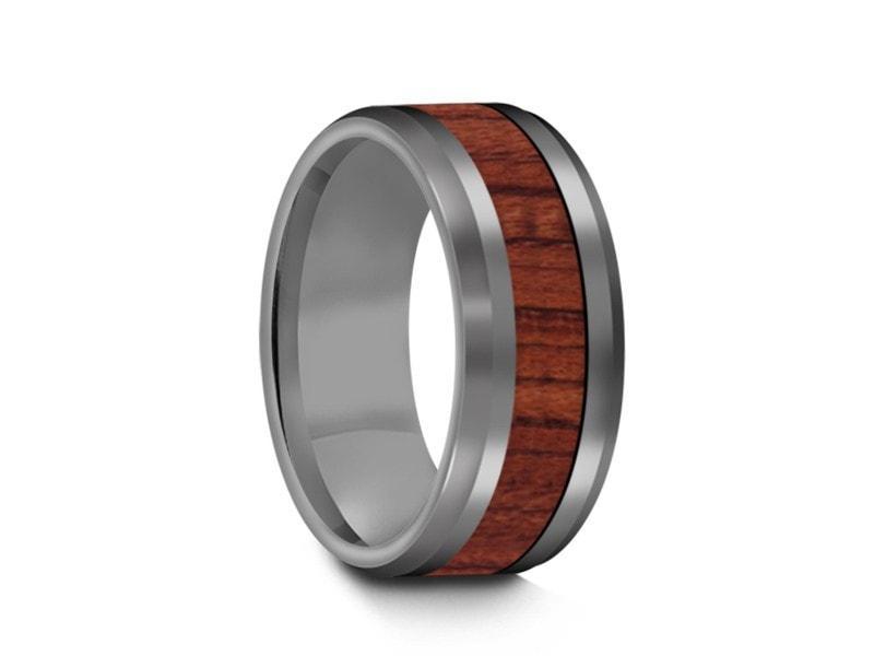 HAWAIIAN Koa Wood Inlay Tungsten Carbide Ring - Koa Wood Wedding Band - Engagement Ring - Beveled Shaped - Comfort Fit  8mm - Vantani Wedding Bands