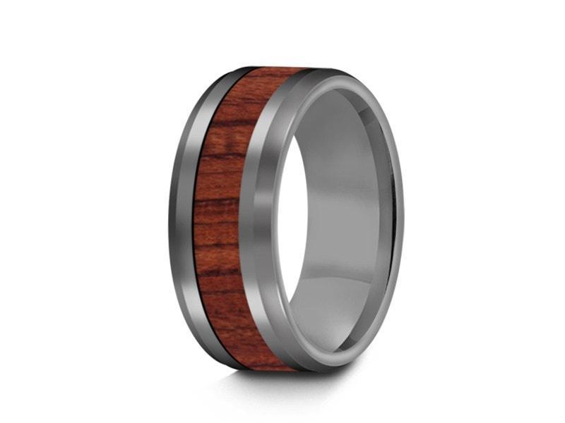 HAWAIIAN Koa Wood Inlay Tungsten Carbide Ring - Koa Wood Wedding Band - Engagement Ring - Beveled Shaped - Comfort Fit  8mm - Vantani Wedding Bands