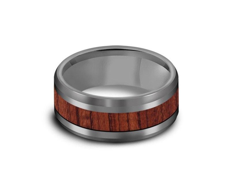 HAWAIIAN Koa Wood Inlay Tungsten Carbide Ring - Koa Wood Wedding Band - Engagement Ring - Beveled Shaped - Comfort Fit  8mm - Vantani Wedding Bands