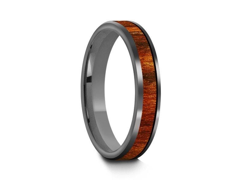 HAWAIIAN Koa Wood Inlay Tungsten Carbide Ring - Koa Wood Wedding Band - Engagement Ring - Flat Shaped - Comfort Fit  4mm - Vantani Wedding Bands