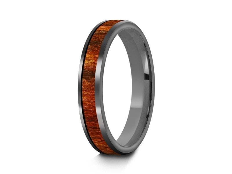 HAWAIIAN Koa Wood Inlay Tungsten Carbide Ring - Koa Wood Wedding Band - Engagement Ring - Flat Shaped - Comfort Fit  4mm - Vantani Wedding Bands