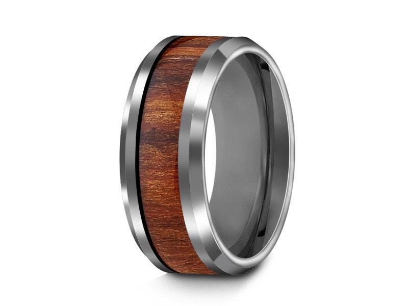 HAWAIIAN Koa Wood Inlay Tungsten Carbide Ring - Koa Wood Wedding Band - Engagement Ring - Beveled Shaped - Comfort Fit  8mm - Vantani Wedding Bands