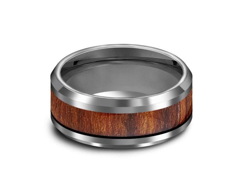 HAWAIIAN Koa Wood Inlay Tungsten Carbide Ring - Koa Wood Wedding Band - Engagement Ring - Beveled Shaped - Comfort Fit  8mm - Vantani Wedding Bands