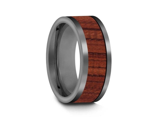 HAWAIIAN Koa Wood Inlay Tungsten Carbide Ring - Koa Wood Wedding Band - Engagemnet Ring - Flat Shaped - Comfort Fit  8mm - Vantani Wedding Bands