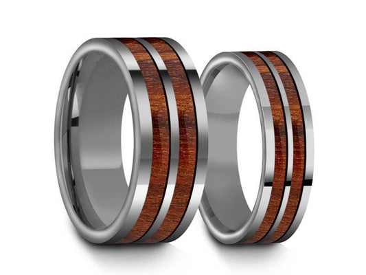 Tungsten Matching Wedding Band Set - Hawaiian Koa Wood Matching Bands - His/Hers- Engagement Ring Set- Two Tone Bands - Flat Shaped - Comfort Fit  6mm/8mm - Vantani Wedding Bands