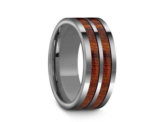 HAWAIIAN Koa Wood Inlay Tungsten Carbide Ring - Koa Wood Wedding Band - Engagement Ring - Flat Shaped - Comfort Fit  8mm - Vantani Wedding Bands