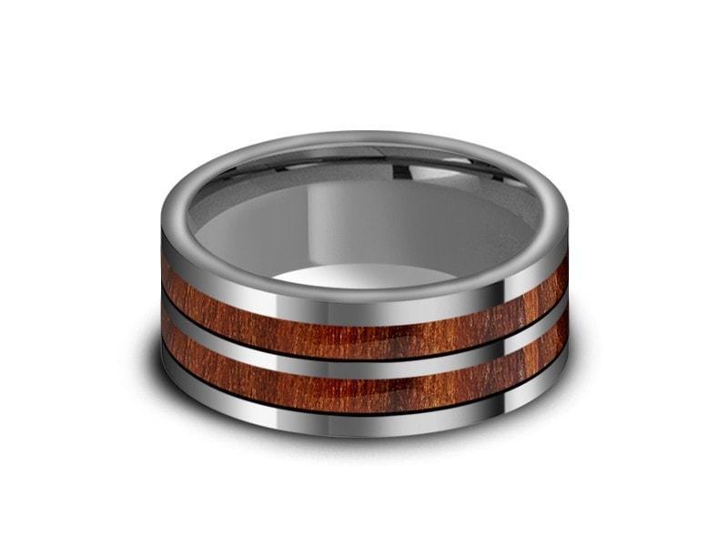 HAWAIIAN Koa Wood Inlay Tungsten Carbide Ring - Koa Wood Wedding Band - Engagement Ring - Flat Shaped - Comfort Fit  8mm - Vantani Wedding Bands