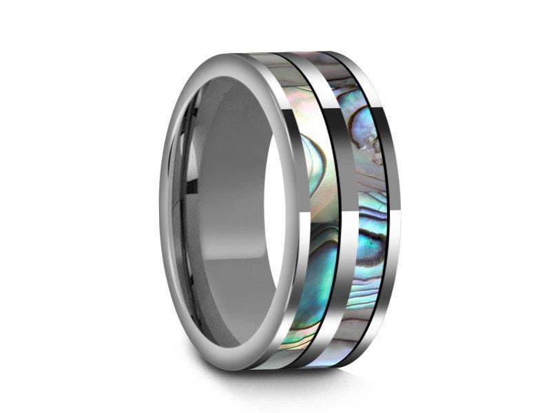 Abalone Shell Tungsten Carbide Wedding Band - Double Abalone Inlay Ring - Shell Ring - Engagement Band - Flat Shaped - Comfort Fit  8mm - Vantani Wedding Bands