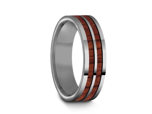 HAWAIIAN Koa Wood Inlay Tungsten Carbide Ring - Koa Wood Wedding Band - Engagement Ring - Flat Shaped - Comfort Fit  6mm - Vantani Wedding Bands