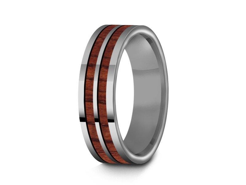 HAWAIIAN Koa Wood Inlay Tungsten Carbide Ring - Koa Wood Wedding Band - Engagement Ring - Flat Shaped - Comfort Fit  6mm - Vantani Wedding Bands