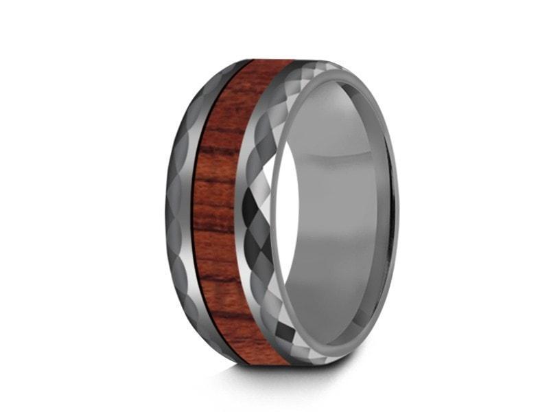 HAWAIIAN Koa Wood Inlay Tungsten Carbide Ring - Koa Wood Wedding Band - Engagement Ring - Beveled Cutting Shaped - Comfort Fit  8mm - Vantani Wedding Bands