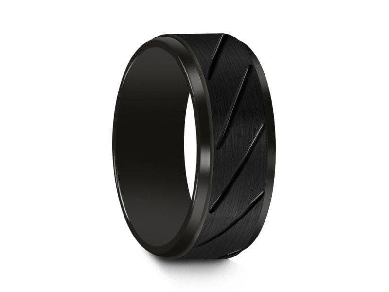 Brushed Black Tungsten Wedding Band - Engagement Ring - Anniversary - Ridged Shaped - Comfort Fit  8mm - Vantani Wedding Bands