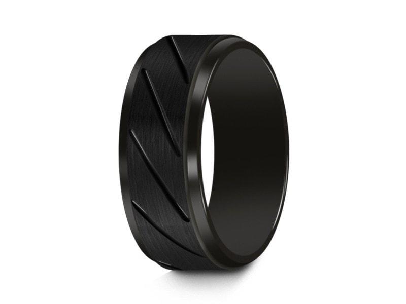 Brushed Black Tungsten Wedding Band - Engagement Ring - Anniversary - Ridged Shaped - Comfort Fit  8mm - Vantani Wedding Bands