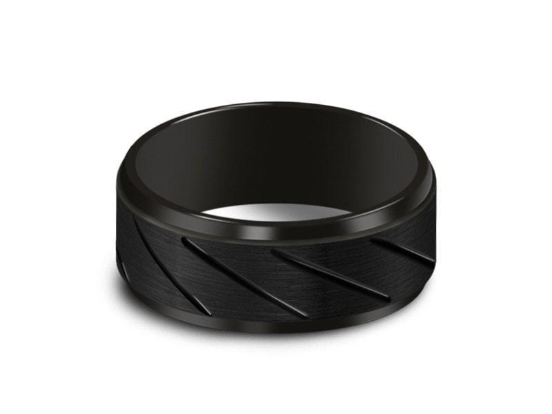 Brushed Black Tungsten Wedding Band - Engagement Ring - Anniversary - Ridged Shaped - Comfort Fit  8mm - Vantani Wedding Bands